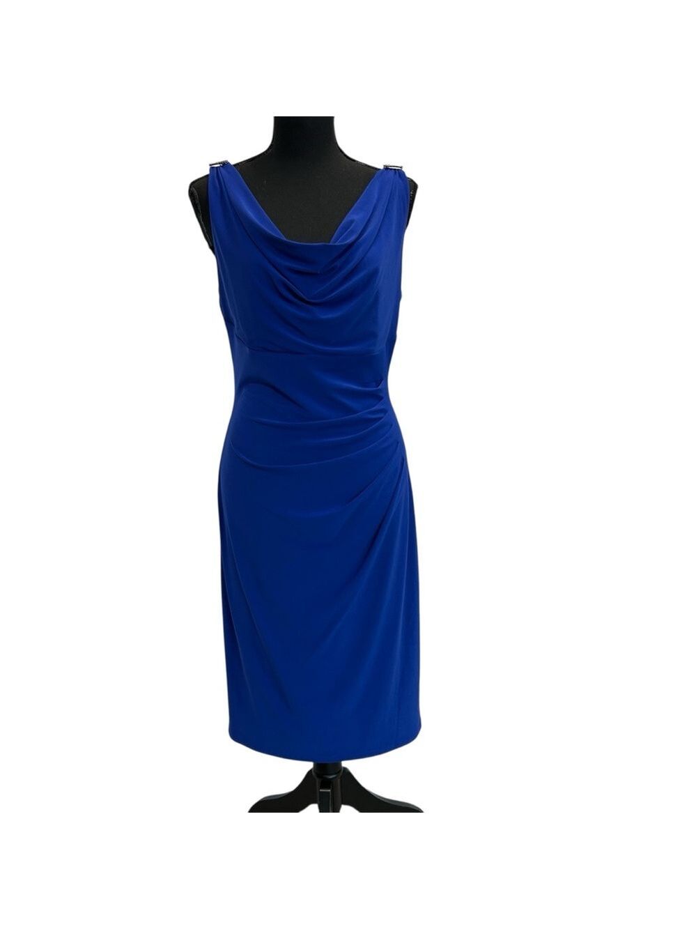 Lauren Ralph Lauren royal blue jersey cowl neck ruched bodycon cocktail dress 10